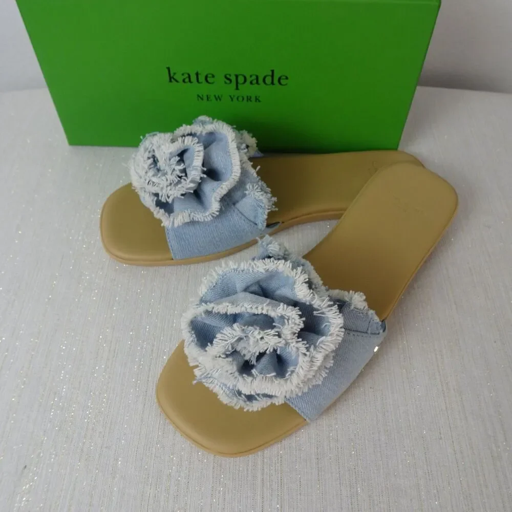 Kate Spade Women's Flourish Denim Flower Flat Sandals Slip Ons Flower New 7.5